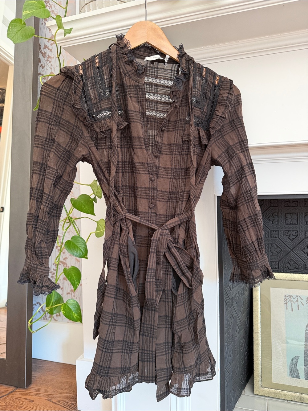 Coach Brown Plaid Long-Sleeve Lace-Trim Mini Dress